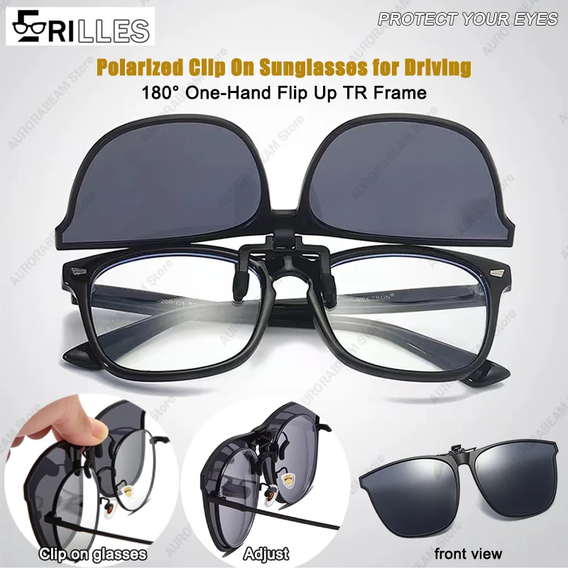 

Polarized Clip on Sunglasses for Driving,Night Vision Anti Glare,180° One-Hand Flip Up TR Frame-Prescription Glasses Compatible