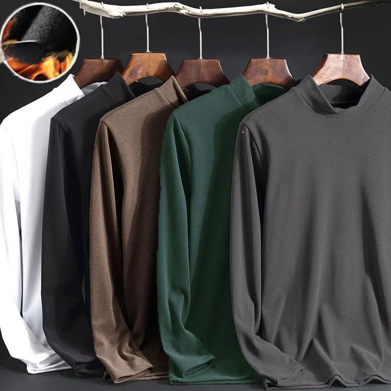 

Men's Thermal Long Sve irt Double-sided Floing f-high Collar Mid-young Pure Color Autumn Winter Inner Wear Base Layer