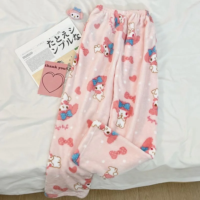 Sanrio Hello Kitty Pajamas Flannel Women Warm Woolen White Cartoon Anime Casual Home Pants Autumn Trousers