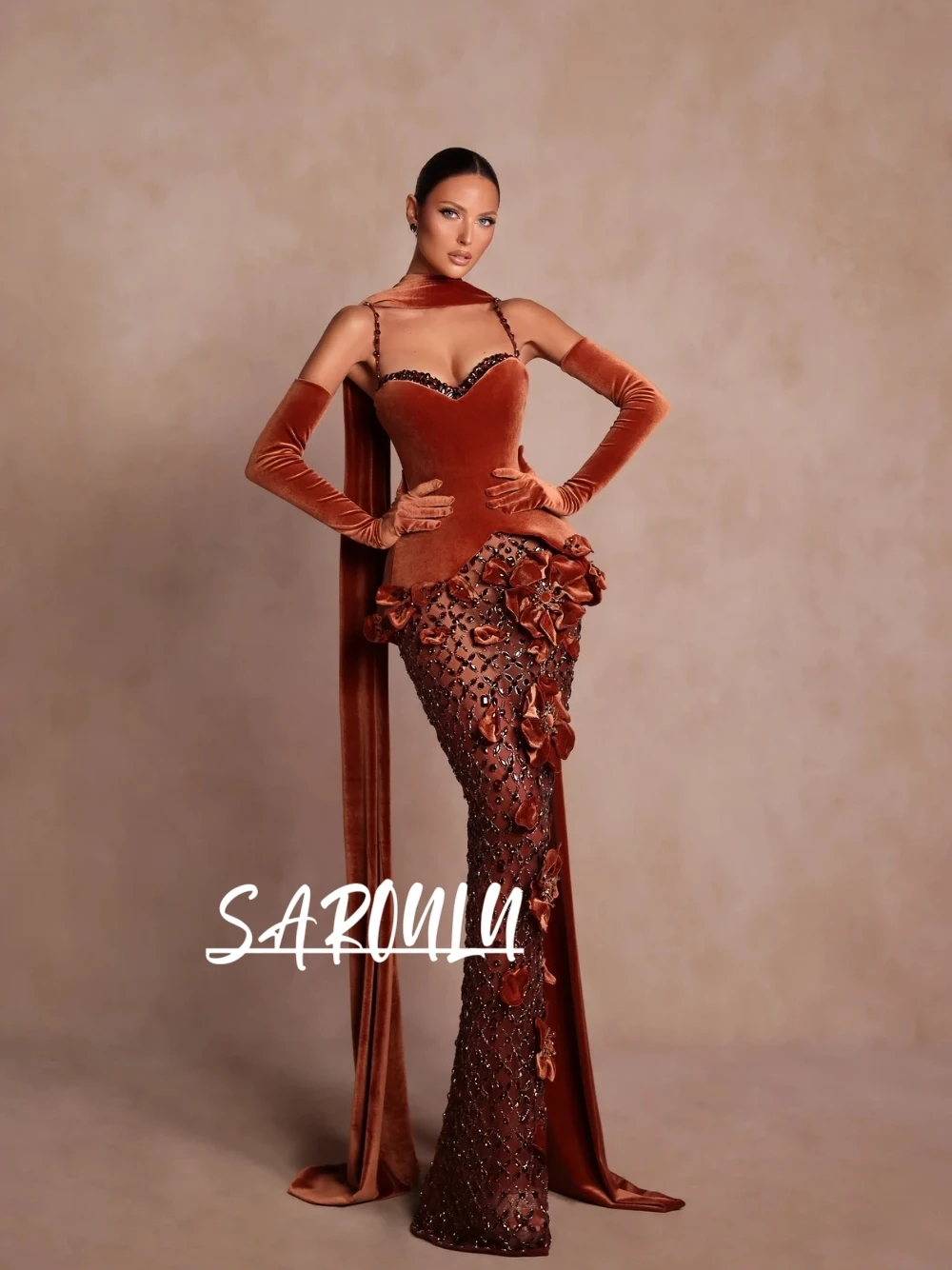 

Velvet Mermaid Evening Gown Sweetheart Neck Sheer Beaded Mesh 3D Floral Appliques Luxury Glitter Prom Dress Customized For Galas