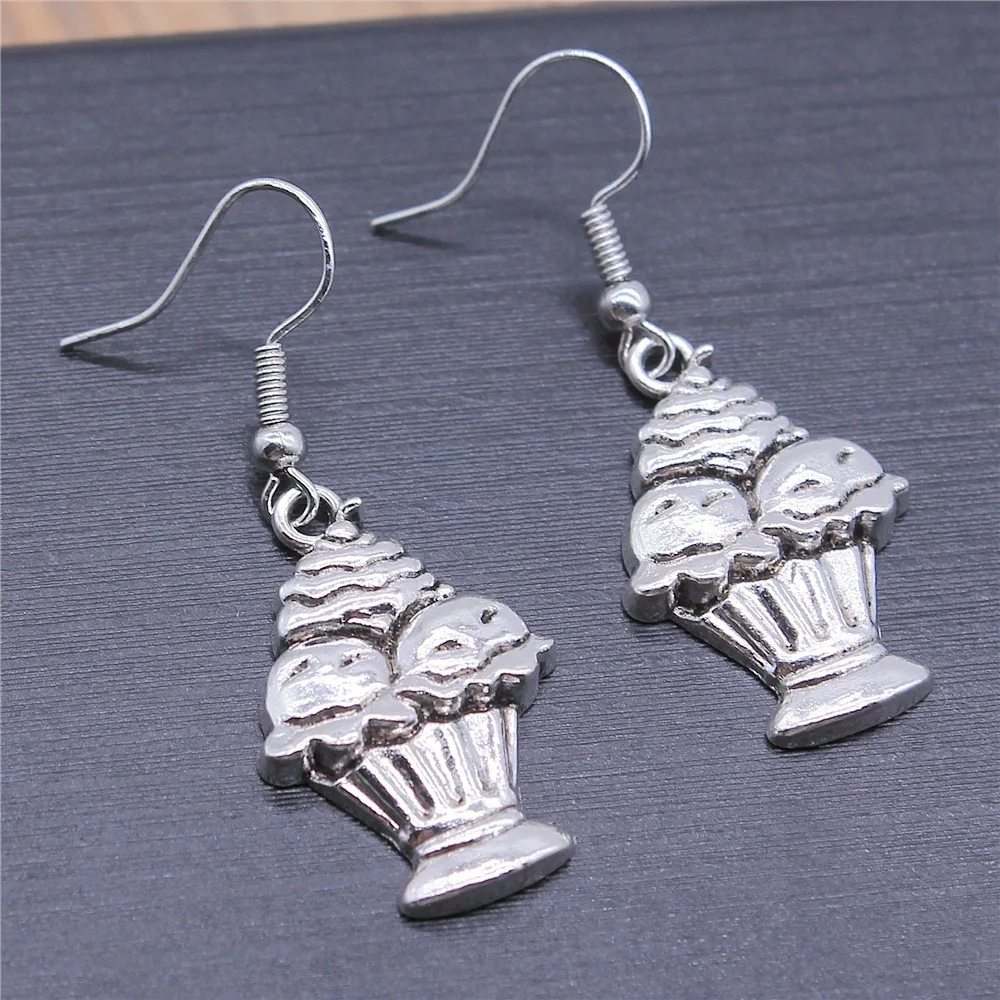 Fashion Handmade Simple Design Antique Silver Color Cake Cup Cake Ice Cream Pendant Earrings Women Vintage Drop Earrings