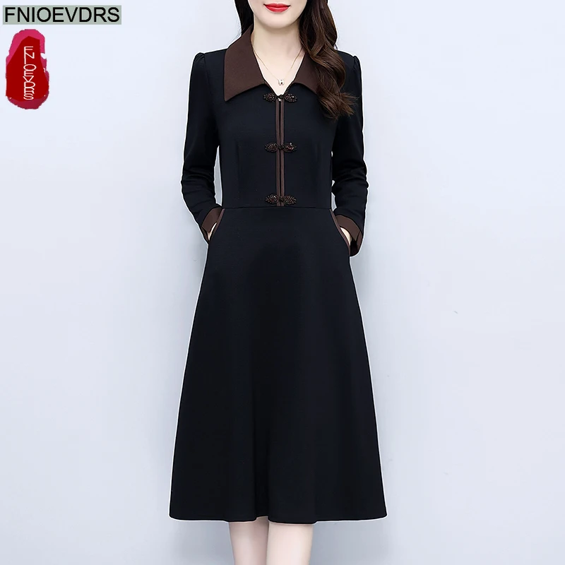 Retro vintage botão camisa vestidos outono inverno básico mulher manga longa elegante senhora do escritório bolsos sólidos vestido preto