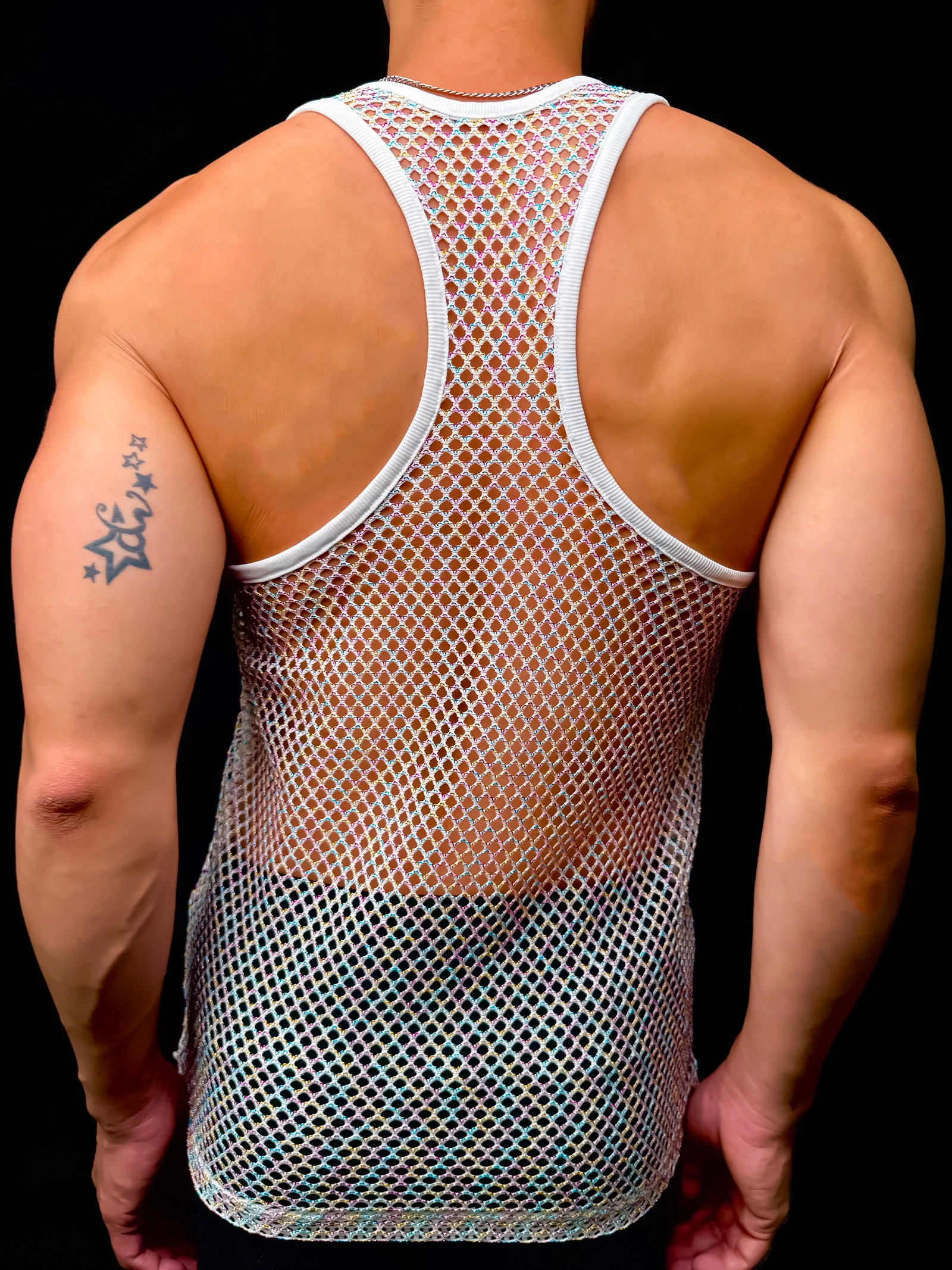 Sommer Herren Casual Mesh Netz Tanktop Racerback Ärmelloses Shirt Muskel-Sportweste Bunte Linien Glänzend Transparent Party Alltagskleidung – Detail 18