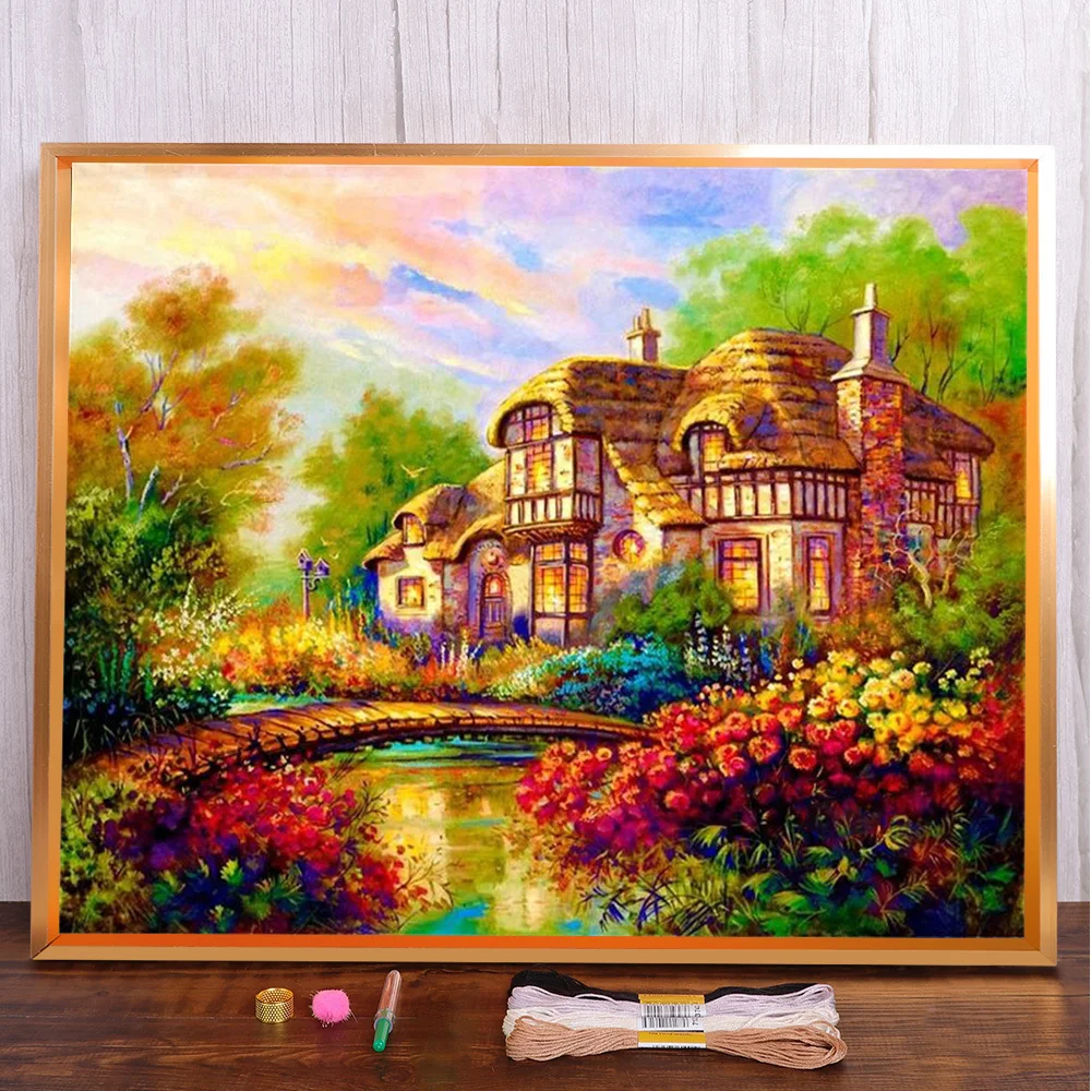 

Landscape Flower House Printed Canvas Cross Stitch DIY Embroidery Kit Hobby Needlework Knitting Handmade Gift Mulina Stamped