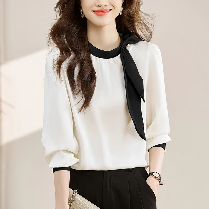 Nieuwe Lange Mouw O-hals Vrouwen Blouse Patchwork Boog Blouse Shirt Vrouwen Tops Blouses Shirts Blusas Para Mujer Camisas Blusas N209