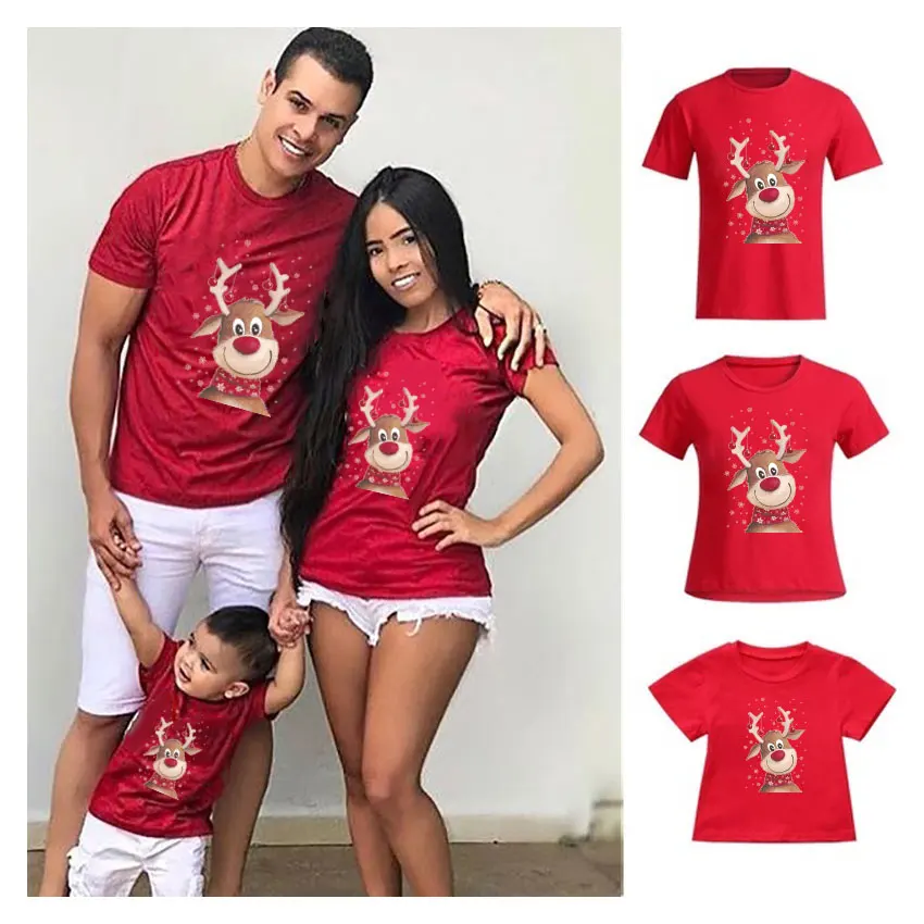 Christmas Reindeer Family Matching Clothes Mother Father Daughter Son Kid Baby T-shirt Christmas Family Gift Red Short Sleeve