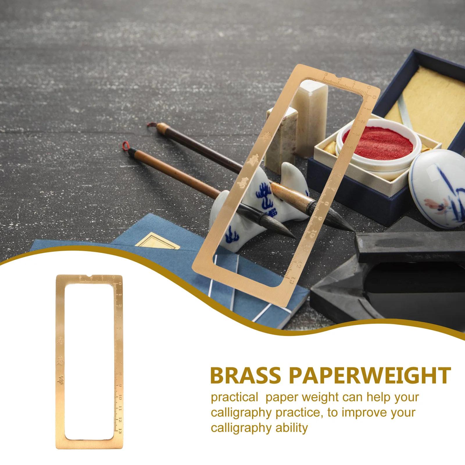 

Brass Paperweight Chinese Calligraphy Practice Tool With Scale Heavy Duty Rectangular Brush Rest Office Desk Decor Art