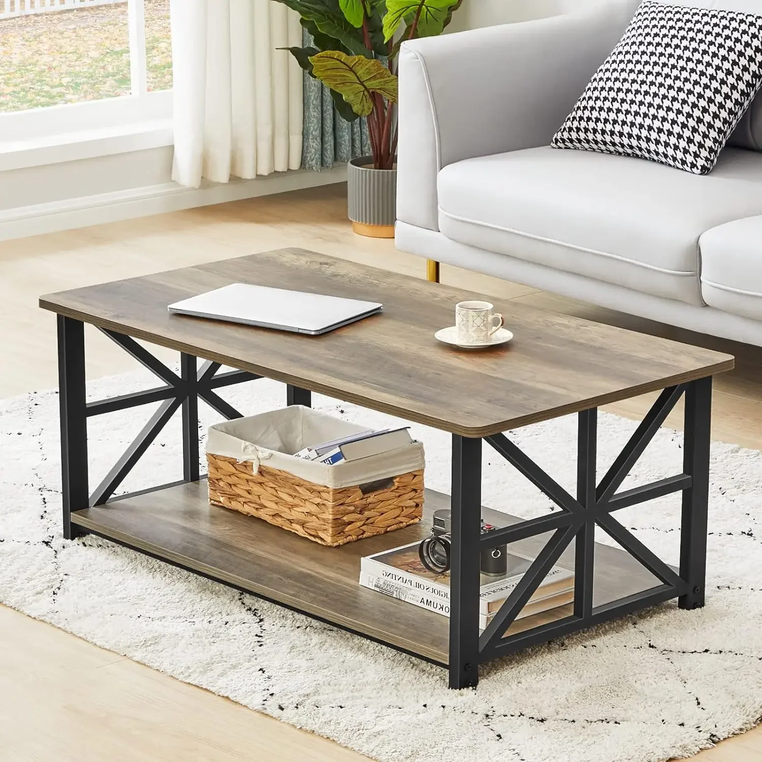 GreenForest Coffee Table for Living Room with Round Corners Farmhouse Style Center Table with Storage Shelf 39 Inch Space Saving