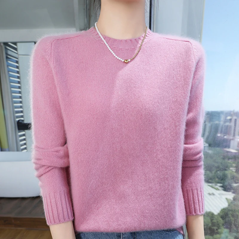 100% Pure Wool Thicken Sweater Women's Crewneck Knitted Pullover Casual Loose Long-Sleeved Blouse Autumn Winter New Base Shirt