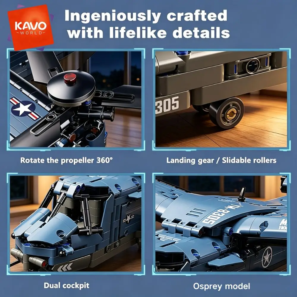 KAVOWORLD 1486PCS V-22 Osprey Tiltrotor Aircraft Building Blocks Set Simulation Military Helicopter Model Kit Collectible Airplane Bricks Construction Set, 360° Rotating Propellers Sliding Cockpit Movable Landing Gear Military Fans Christmas Birthday Gift gallery 5