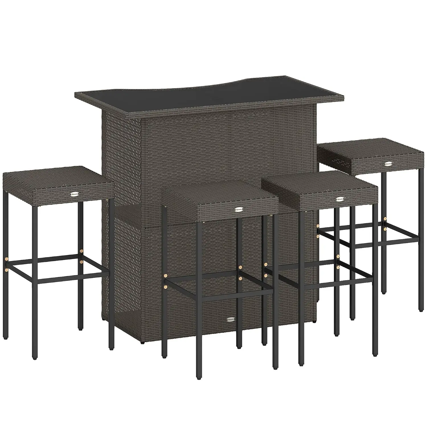 5 Pcs Rattan Bar Set High Top Outdoor Table & 4 Stools Glass Top 2 Tier Storage Shelf Garden Poolside Dark Brown, Customized