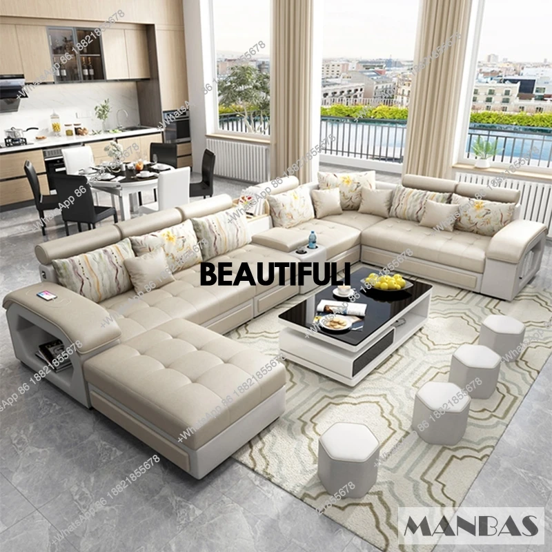 Fabric Sofa Set Furniture Living Room Sofa Set with USB and Stools / Big U Shape Cloth Couch Sofas for Home Furniture