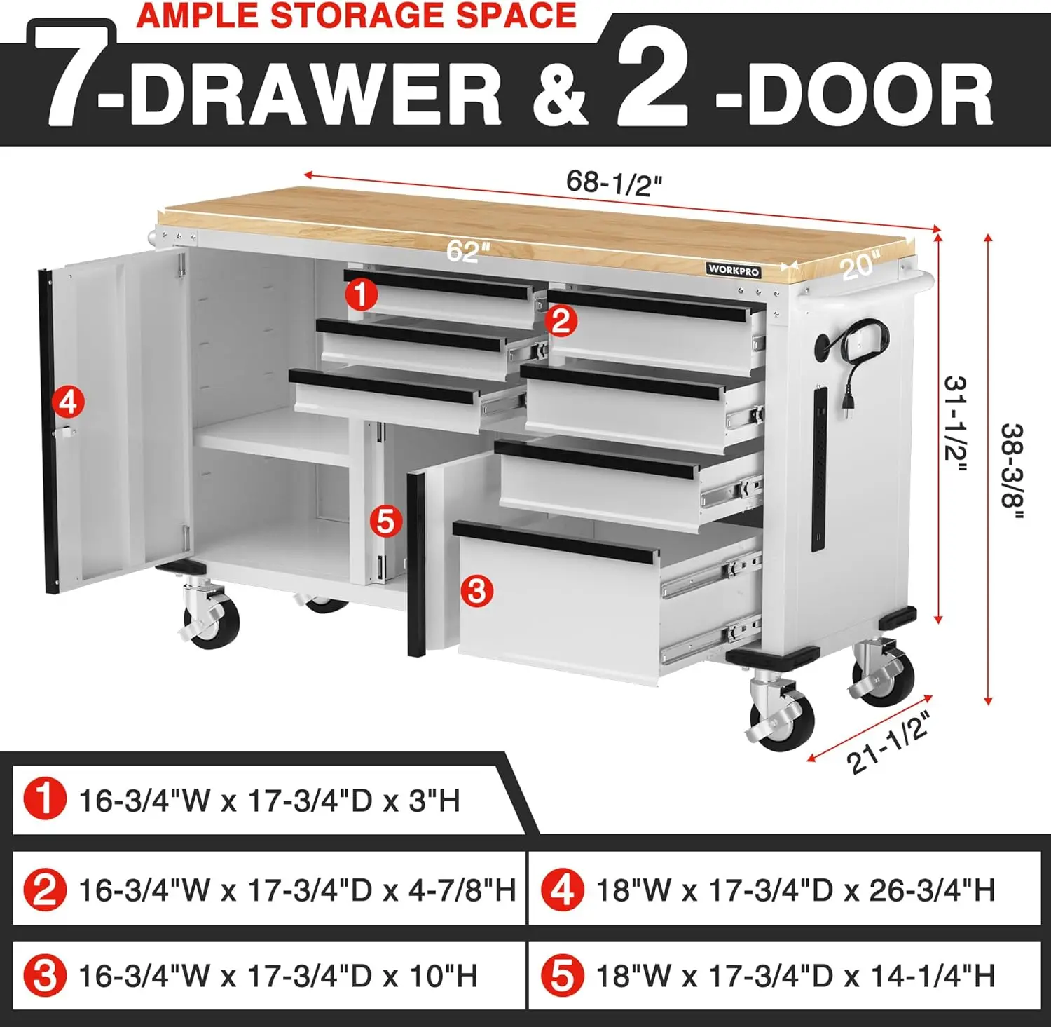 7-Drawer & 2-Door Rolling Tool Chest, Mobile Tool Storage Cabinet with Power Strip, Locking System, Heavy Duty