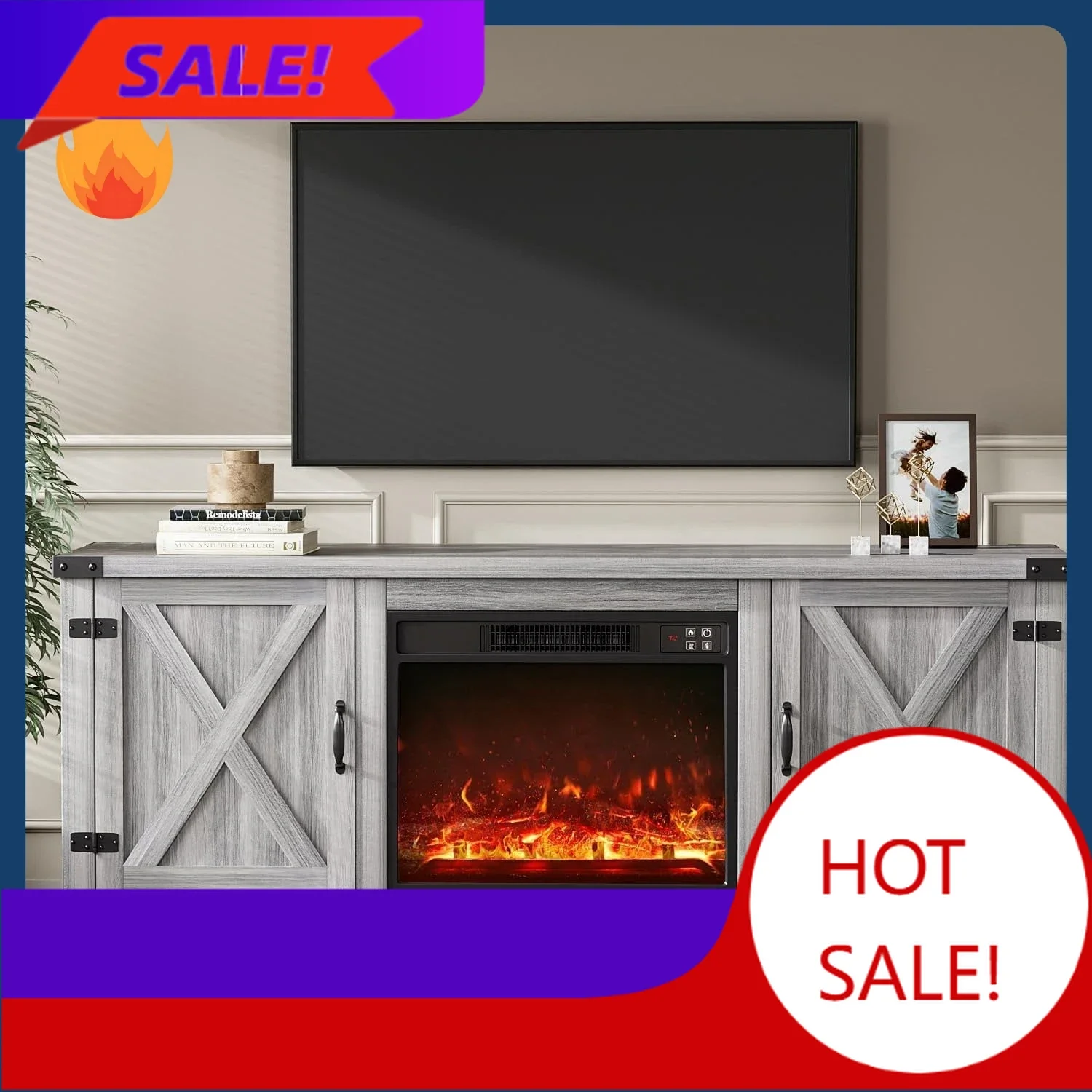 

Бестселлер [Сниженная цена!] Тумба под телевизор с камином, двумя раздвижными дверцами и шкафами для хранения, для телевизоров до 65+ дюймов, Enterta