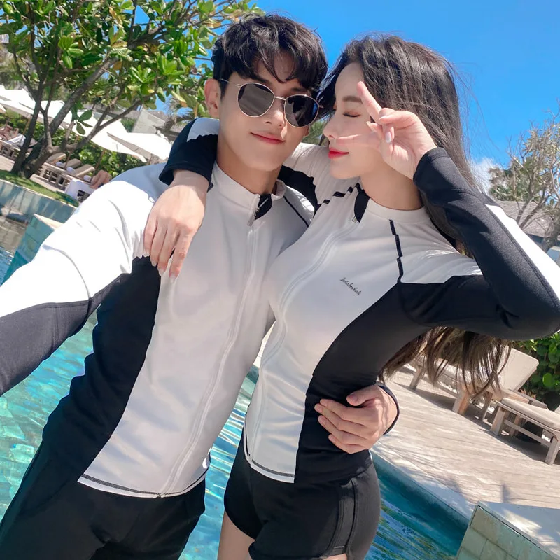 Korean Couple Diving Suit Women Men\'s White Black Surfing Swimsuit Tankini Sets Sun Protection Sports Pants Shorts Swimwear