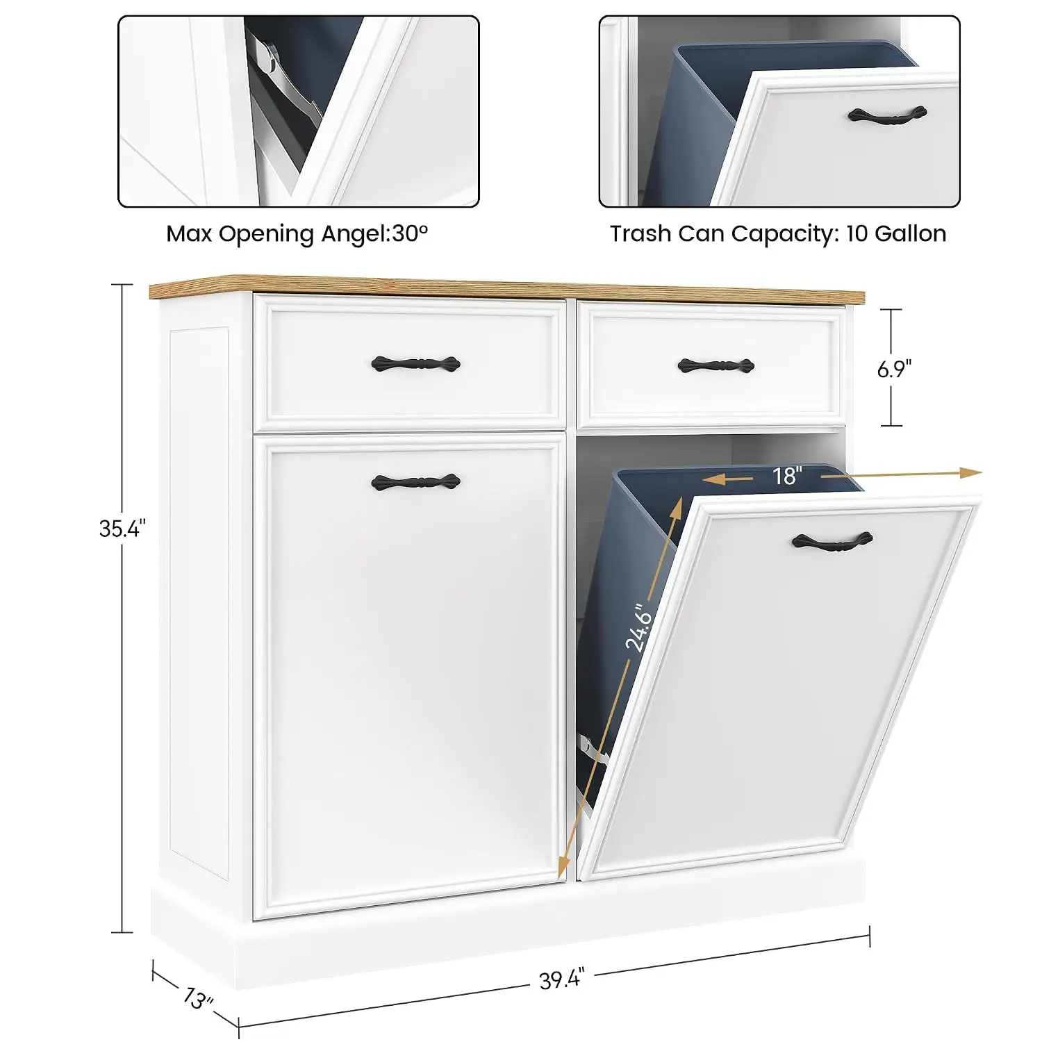 Double Tilt Out Trash Cabinet, Hidden Trash Storage Cabinet 20 gal, Freestanding White Garbage Can Cabinet, Customized