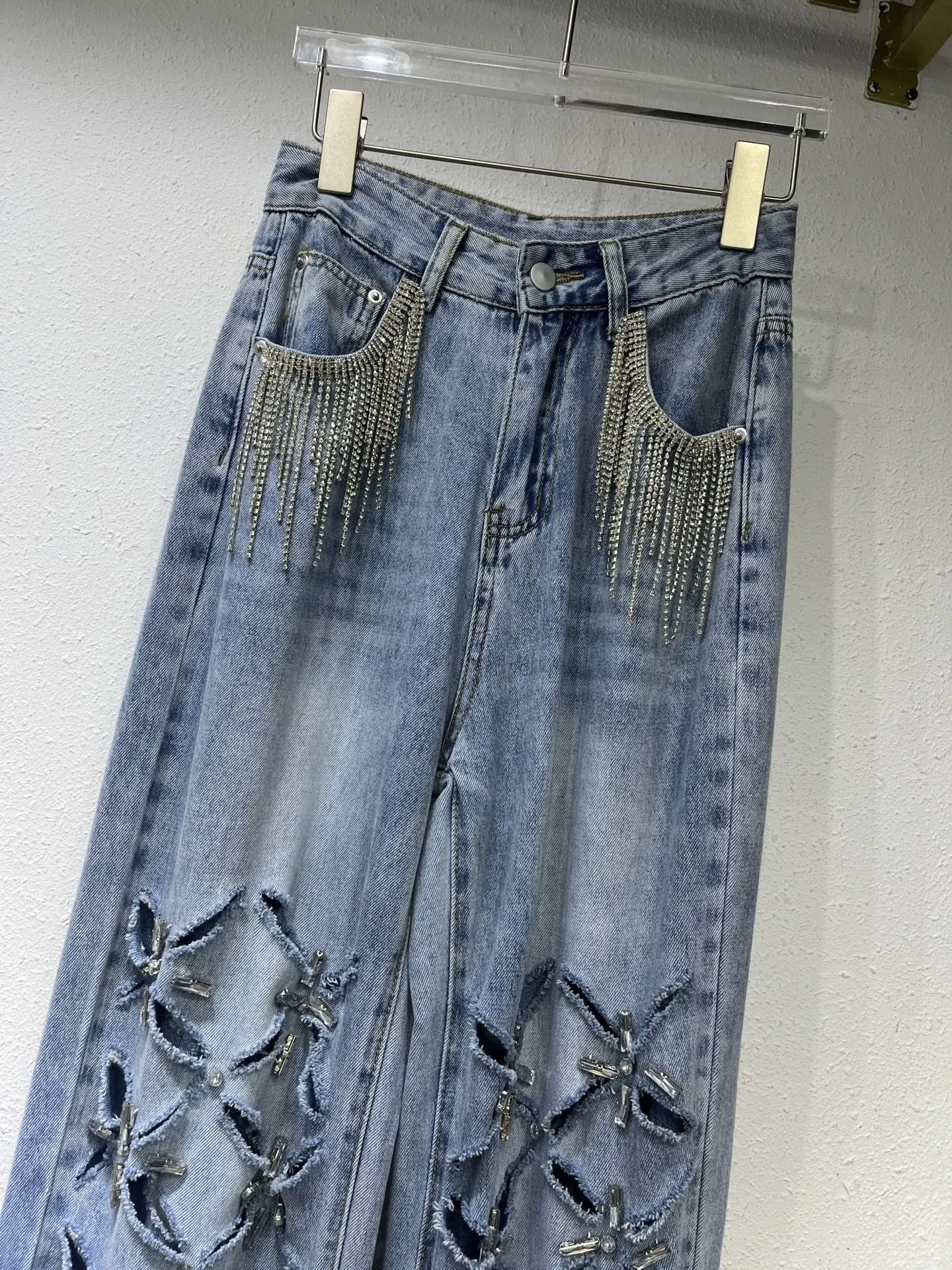 Hot Drilling Tassels Holes Straight Denim Pants High Waist Hollow Diamonds Beaded Fringed Ripped Jeans Trousers Pantalones 2023