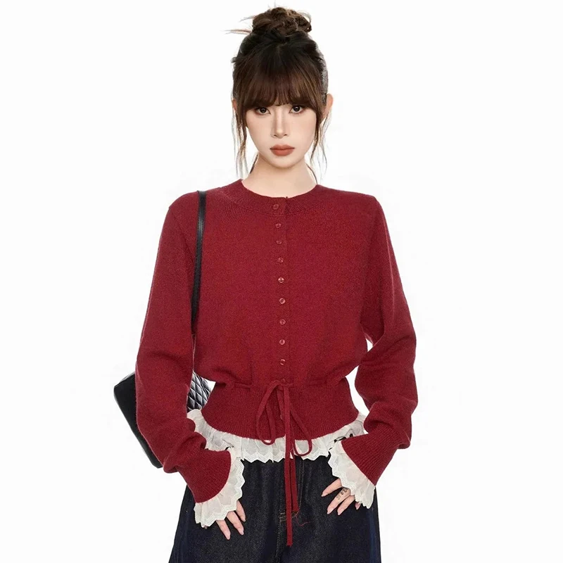 Women Coquette Cardigan Contrast Lace Trim Knit Sweater Drawstring Waist Black Cropped Long Sleeve Button Down Cute Y2K Top