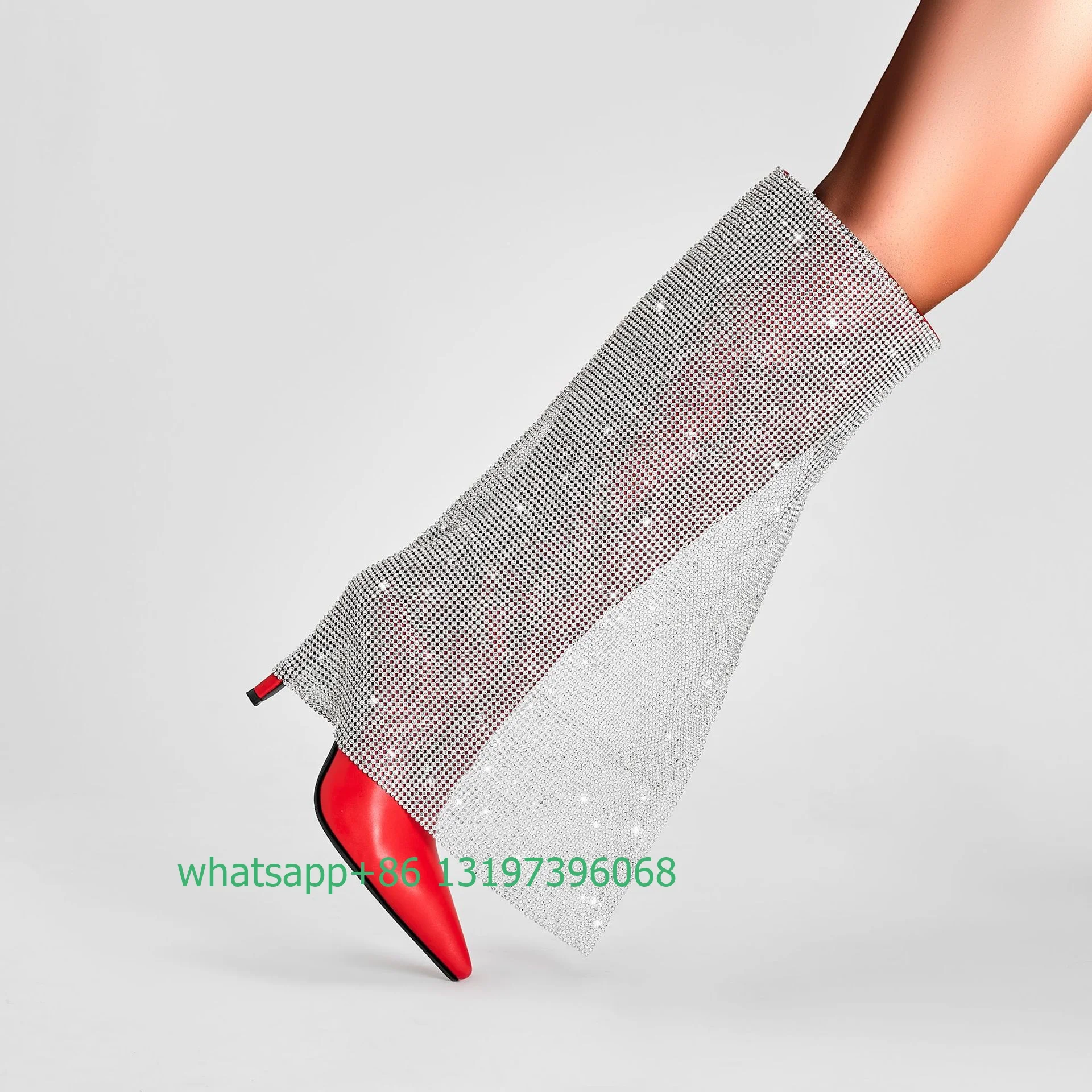 Lady rhinestone mesh design knee turn-out boots red color pointed toe side zip demand bling boots glitter sliver knee boots size