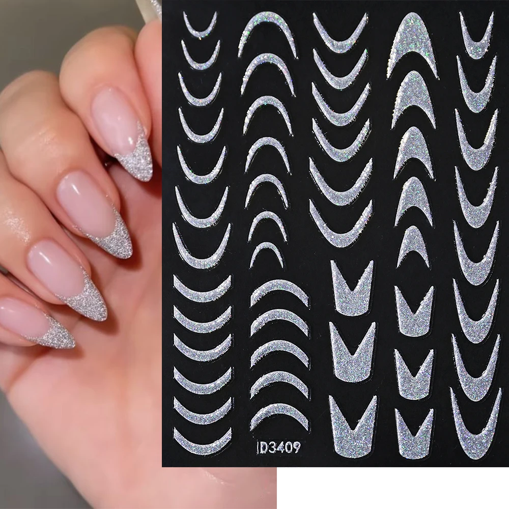 French Reflective Glitter 3D Nail Stickers Sparkly Gold/Silver/Red Stripe Line Self Adhesive Decals Star/Heart Manicur Sliders