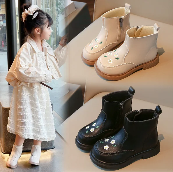 Plush Kid Boot Autumn Warm Princess Boot Two Cotton Ankle Boot Fashion Leather Boots Small Medium-sized Kid Girl Boots Kid Shoes