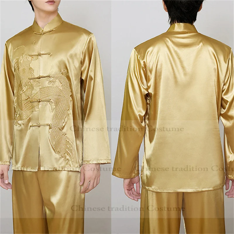 

2025 New Chinese Tang Clothes Yellow Dragon Embroider Taichi Costume Long Sleeve Outfit Kung Fu Martial Arts 2Pcs Shirt Pants