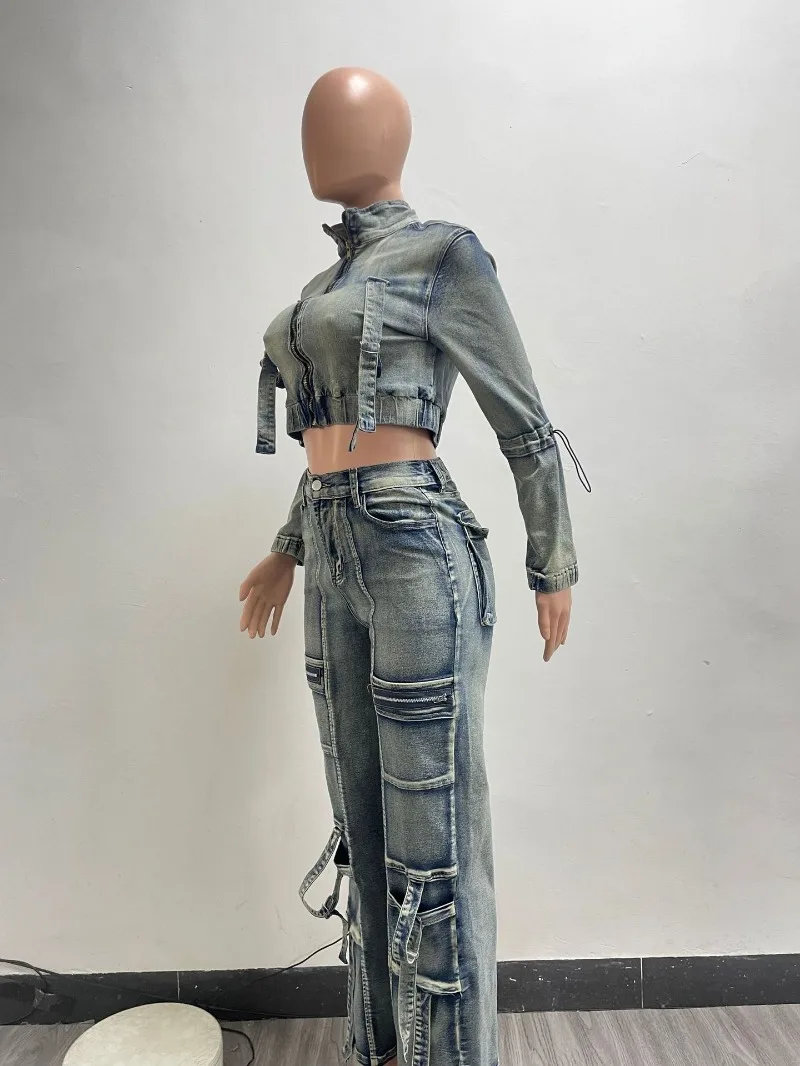 Women Fashion Multi Pockets Denim Two 2 Piece Set Long Sleeve Zip-up Jackets Crop Top + High Waist Cargo Pants Jeans Suit