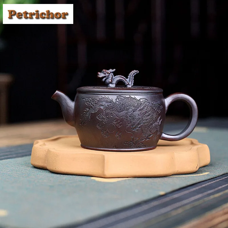 

210ml Yixing Purple Clay Teapots Handmade Dragon Phoenix Large Caliber Pot Raw Ore Antique Red Mud Kettle With Filter Zisha Tea