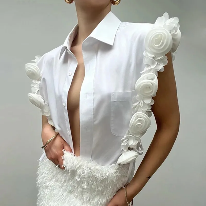 BPN Temperament Patchwork Appliques Blouses For Women Lapel Sleevelss Spliced Single Breasted Solid Casual Shirts Female Fashion