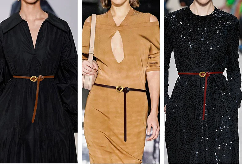 حزام خصر نسائي نحيف من الجلد الطبيعي بتصميم بسيط مع إبزيم معدني وتفاصيل عقدة قابلة للتعديل للفساتين