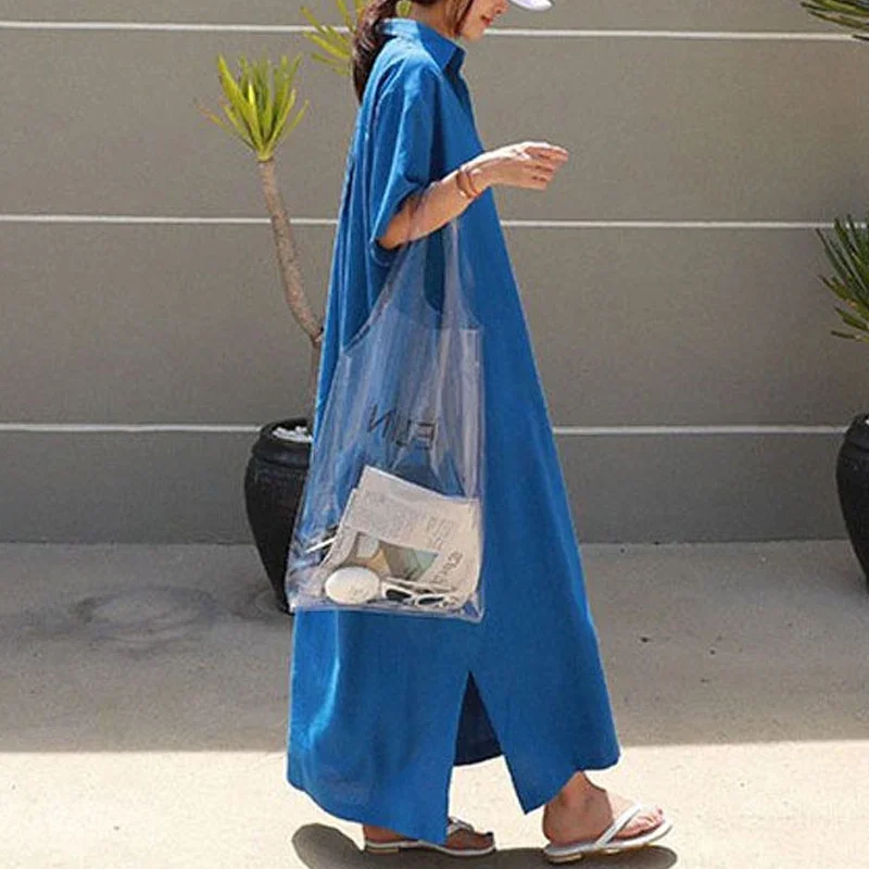 Robe Maxi Décontractée à Manches Courtes pour Femme, lèvent, Style Coréen, Col Rabattu, Couleur Unie, T-shirt, Été