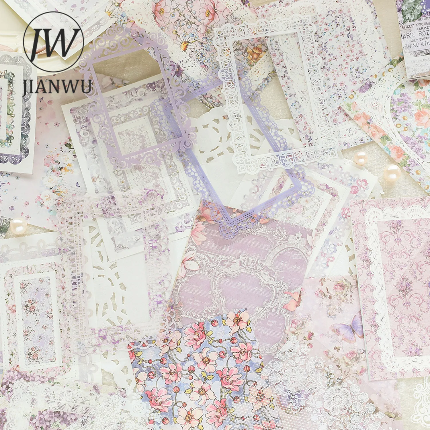 JIANWU 25 Sheets Lace Flower Island Series Vintage Lace Hollow Decor Material Paper Creative DIY Journal Collage Stationery