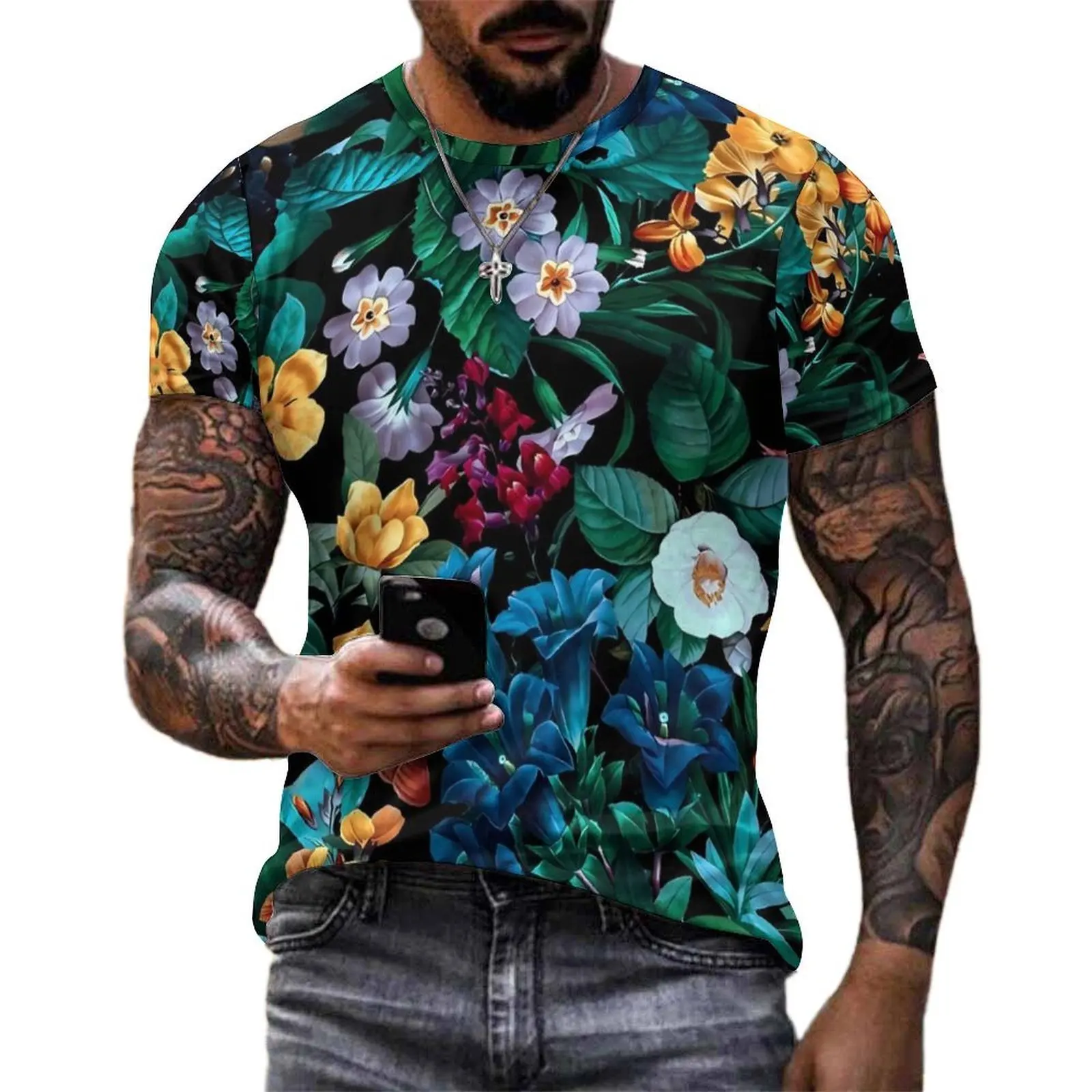 Summer T-Shirt Colorful Floral T-Shirts Midnight Garden Streetwear Popular Tees For Men Short-Sleeved Design Oversized Clothing