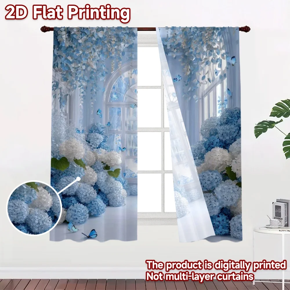 2D flat 2pcs Curtain French Romantic Style Blue Hydrangea Butterfly Garden Digitally printed polyester, colorfast Holiday