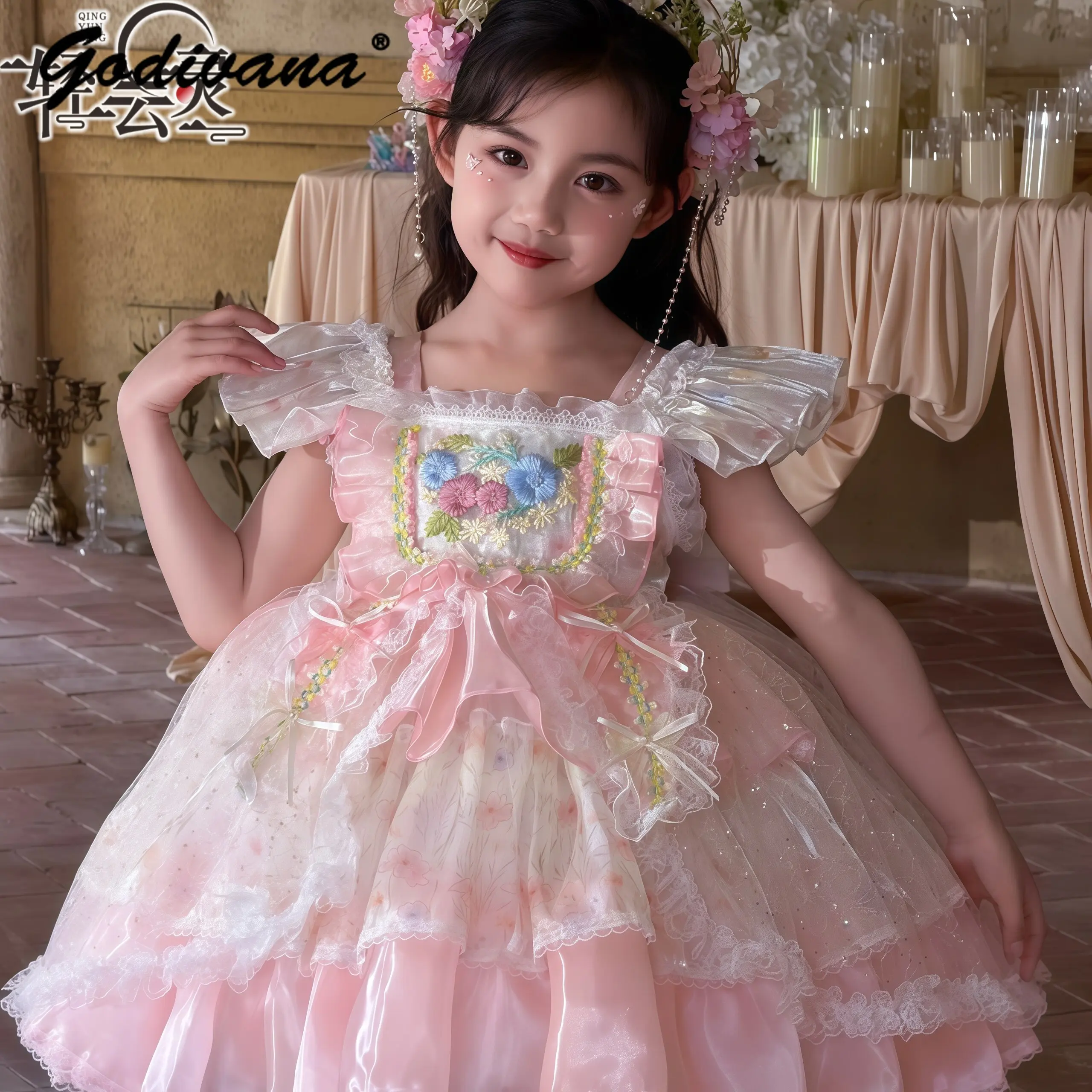 Sweet Baby Girls 2026 New Summer Embroidered Lolita Princess Dress Kids Flutter Sleeves Lace Trim Bow Sequin Mesh Tiered Dress