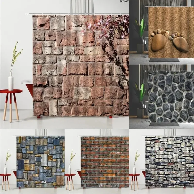 VIKAMA Rustic Style Shower Curtain Stone Brick Wall With Flower Branch Pattern Waterproof Bath Curtain for Bathroom Decoration