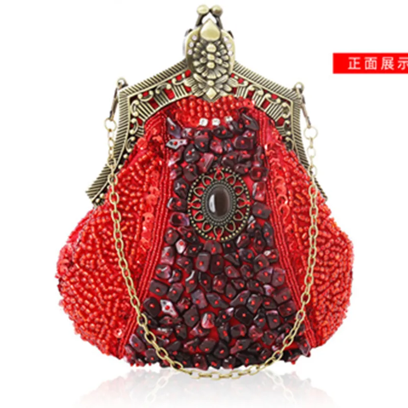 Retro Fashion Pearl Sequin Beaded Clutches Handbag for Women Vintage Antique Gold Color Chain Shoulder Bag Party Evening Bags