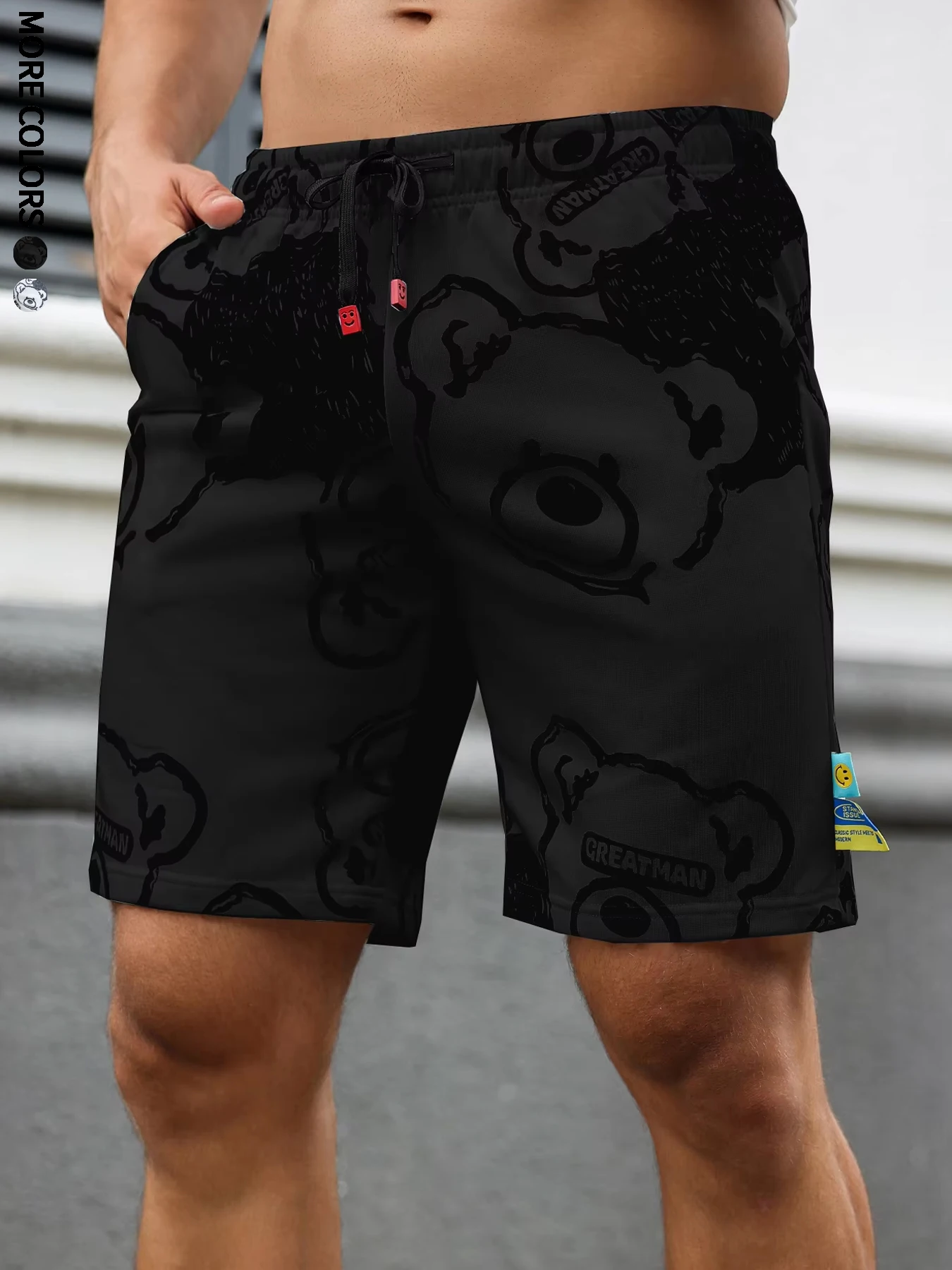 شورت رجالي بقصة عادية مع رباط وحزام خصر مطاطي، طباعة دب، شاطئ صيفي، عطلة، ملابس متعددة المشاهد #2