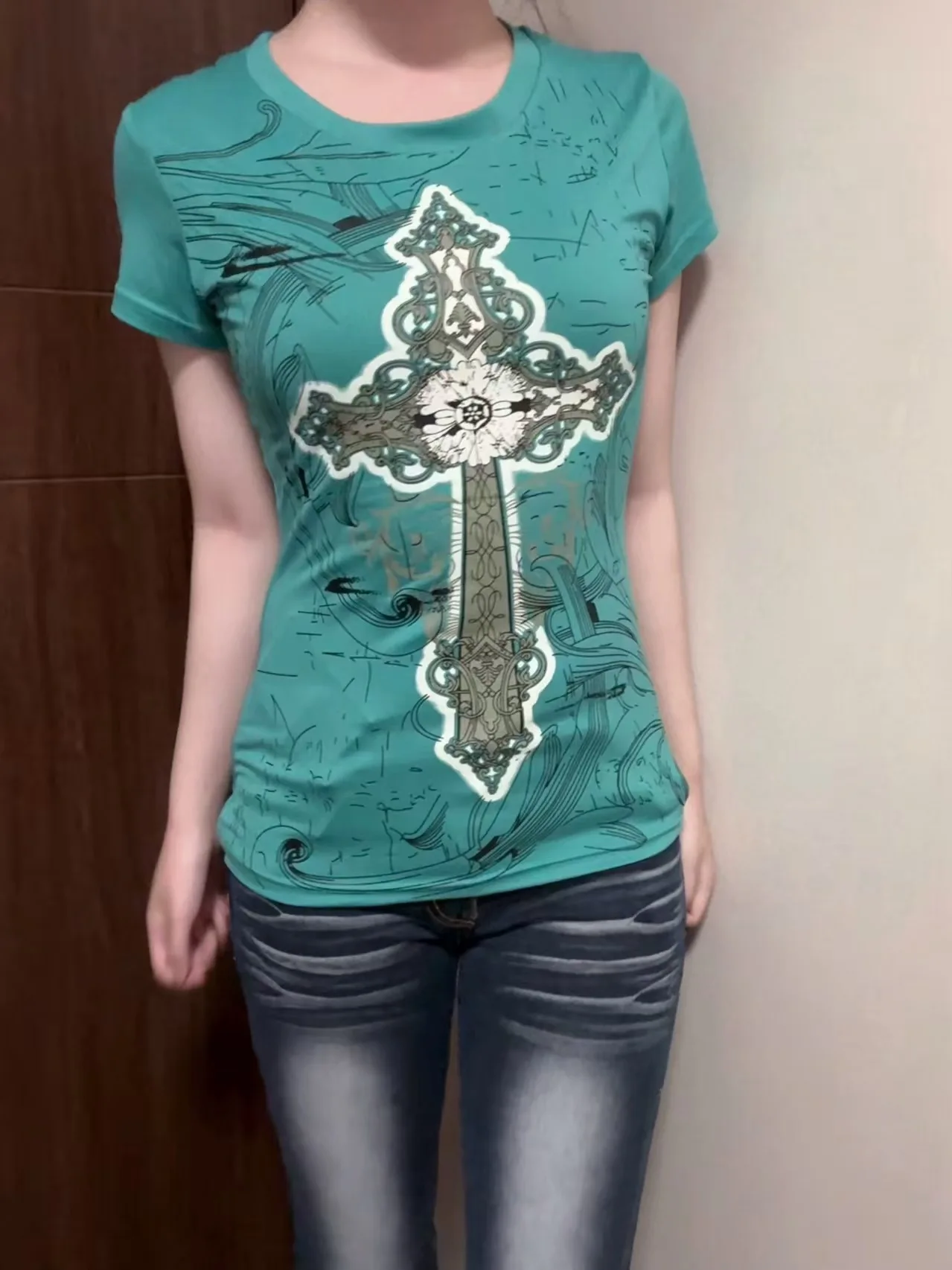 Y2k Tshirts Cross Print Goth Woman T-shirt Punk Shortsleeve Slim Vintage Japanese 2000s Harajuku Emo Crop Top Grunge Hottie Tees
