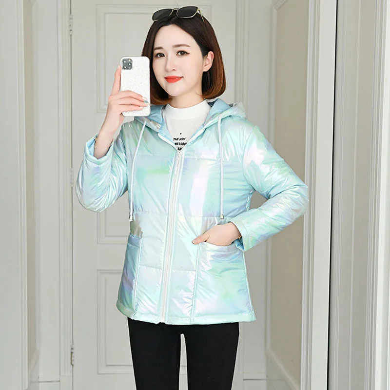 Rainbow Glossy 5XL Down Cotton Parkas Winter Jacket Women Hooded Zipper Pockets Female Waterproof Coat 2023 New