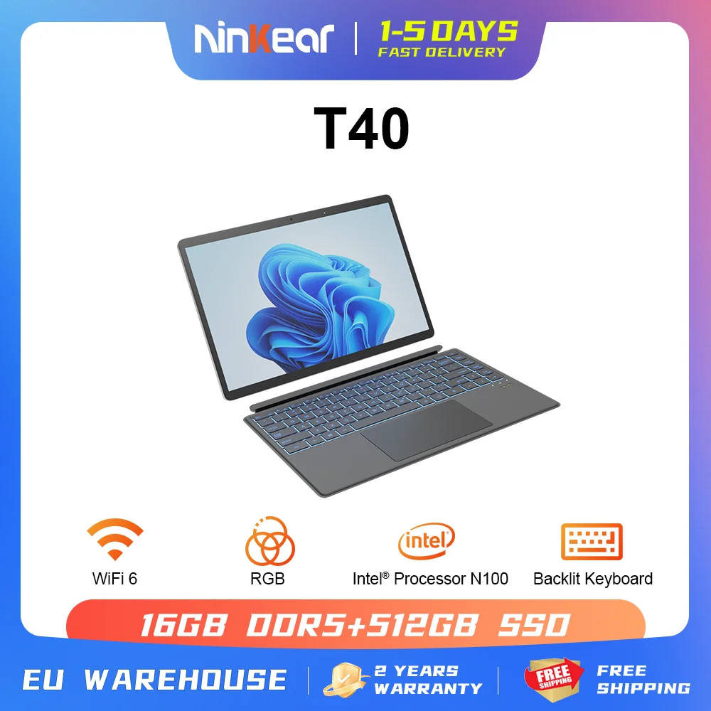 Ninkear T40 Laptop TouchScreen 2 in 1 Tablet Intel N100 14 Inch FHD 16GB DDR5+512GB SSD Wifi 6 RGB Backlit Keyboard With Stylus