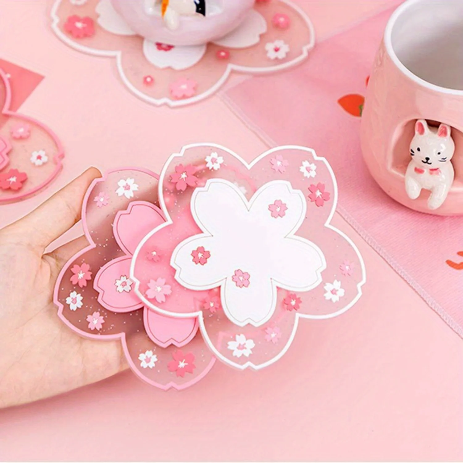 10 Pcs Silicone Sakura Flower Coasters - Pink Non-Slip Tea Cup Mats for , Beverage Table Decoration & Kawaii Accessories