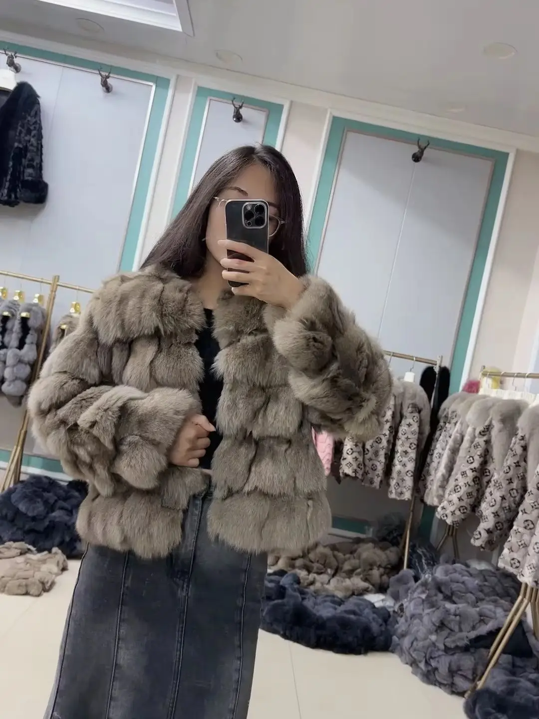 50CM Natural Real Fox Fur CoatWomen Winter natural fur Vest Jacket Fashion silm Outwear Real Fox Fur Vest Coat Fox