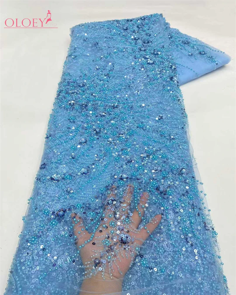 

OLOEY Luxury African Sequin Lace Fabric High-Quality Beaded Mesh Embroidery for Women's Wedding Party Dresses
