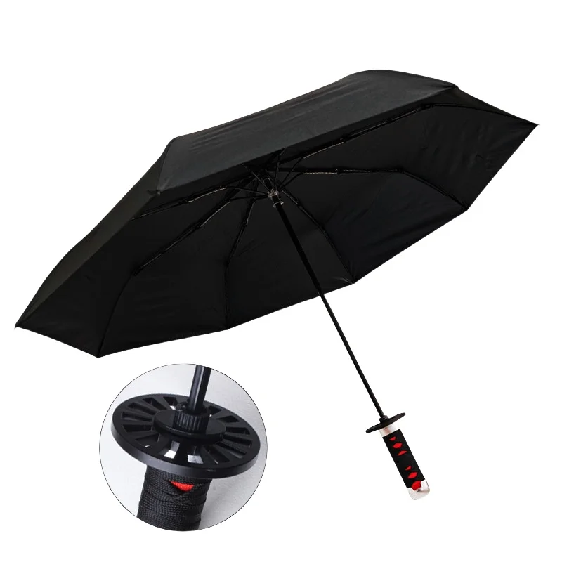 Demon Slayer 3-folding Katana Umbrella Solid Color Kimetsu No Yaiba Sword Umbrella Real Size Japanese Katana Anime Rain Gear