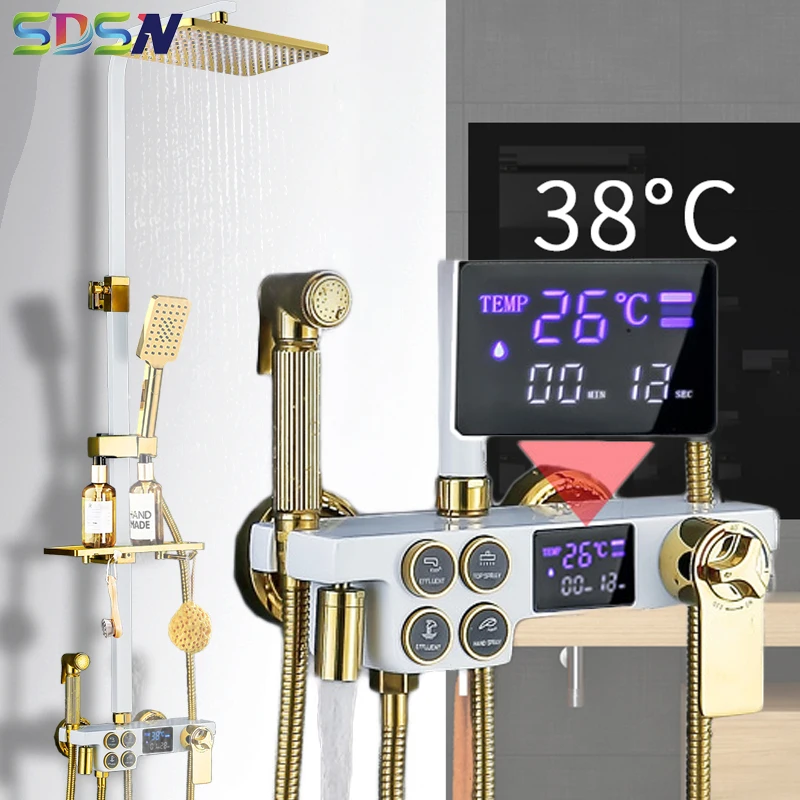 

White Gold Thermostatic Shower Set LED Screen Display Temperature Digital Shower System Quality Brass Bathroom Shower Mixer Tap