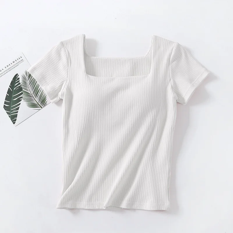 Ribbed Cotton Women\'s T-Shirts Short Sleeve Solid Color Wireless with Padded Bust Slim Base Layers Top Female Blouse C5551