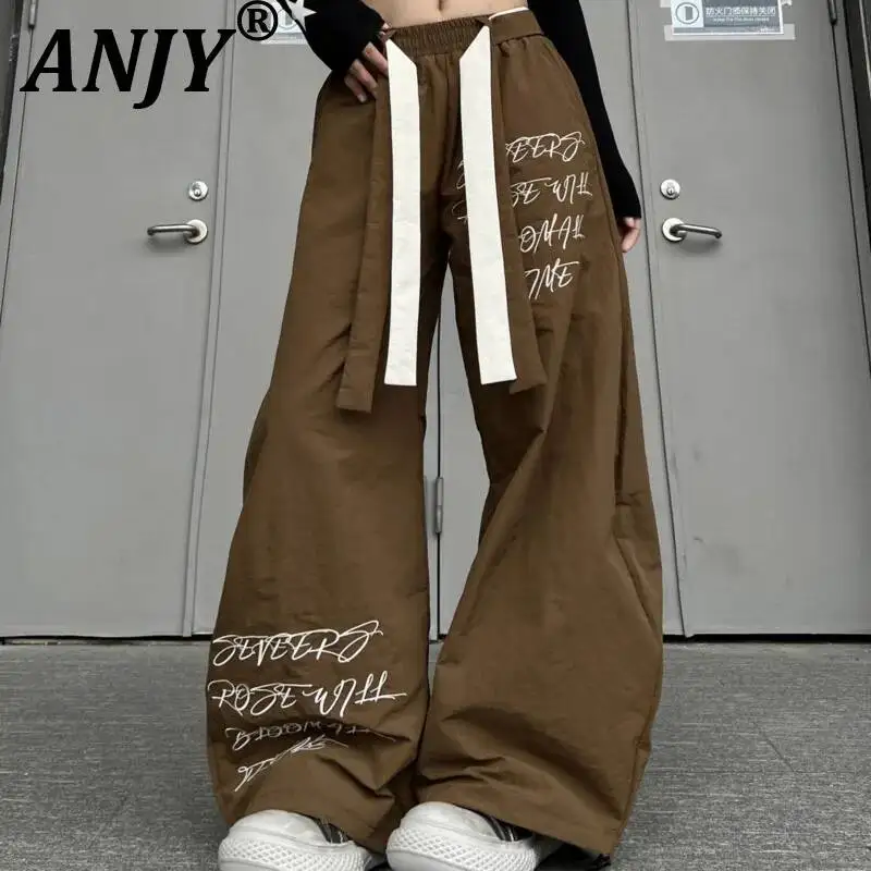 

ANJY Spring Autumn New Women Tide Retro Drawstring Elastic Waist Letter Print Wide Leg Sweatpants Chic Loose Casual Pants A22939