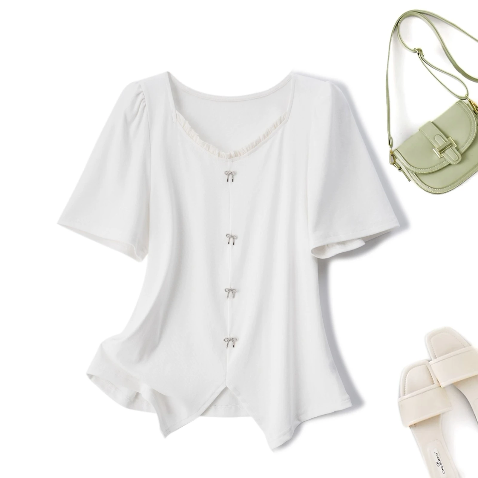 

Elegant Open Stitch Spring Summer Woman O-neck Classic Simple Puff Sleeve Button Blouse Office-appropriate Split Hem
