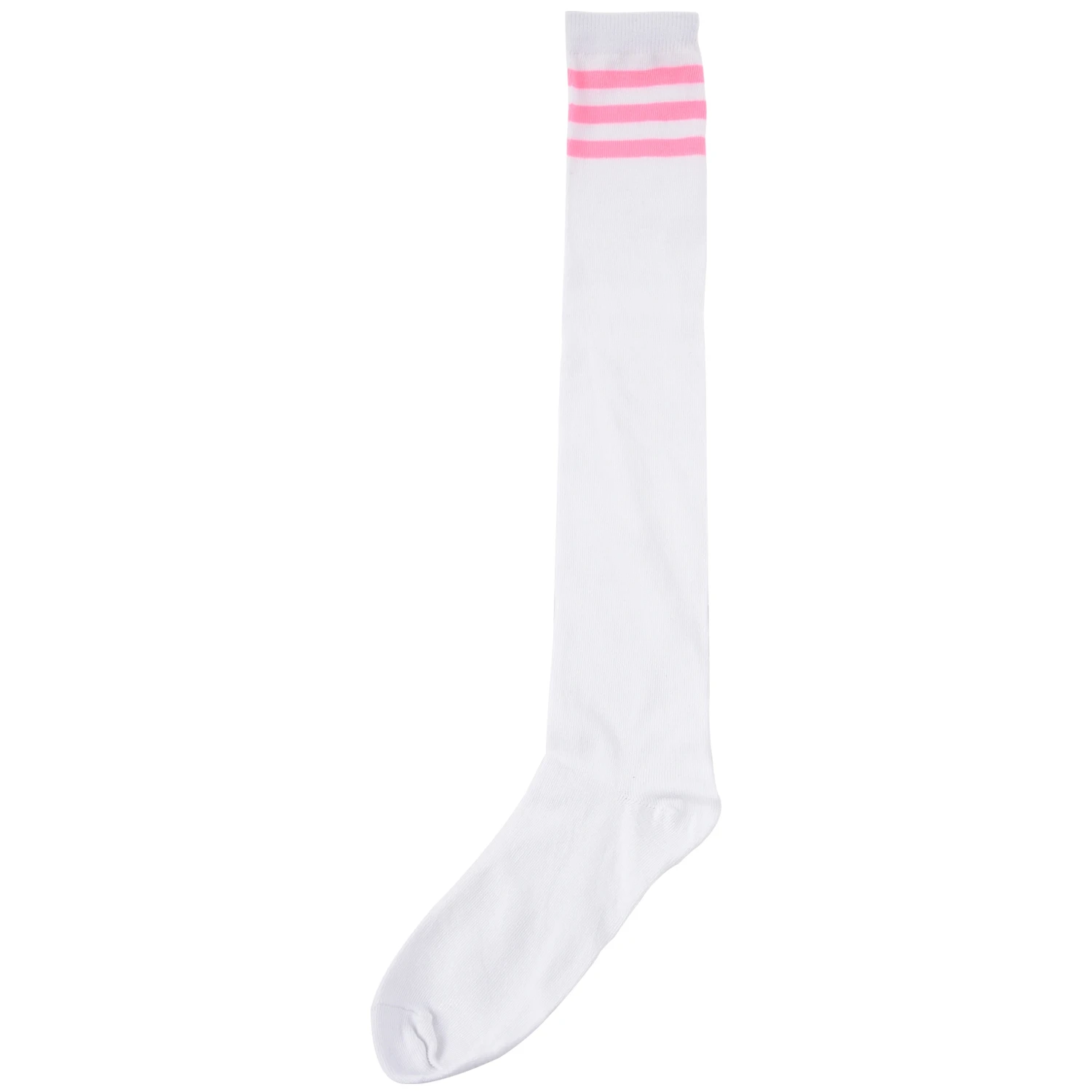 1pair Womens Athlete Thin Stripes Solid Thigh Highs Tights Over Knee Socks White w Pink